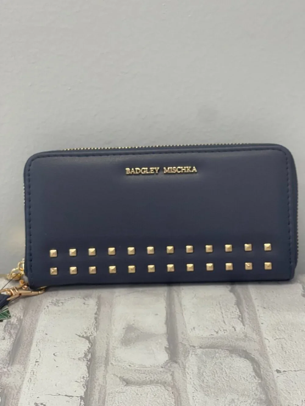 Badgley Mischka Navy Blue Studded Zip Around Phone Wallet Wristlet - NWT
